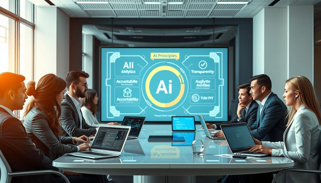 A conceptual representation of ethical AI considerations in a modern office setting. In the foreground, a diverse group of professionals in business attire—men and women of various ethnicities—are discussing around a futuristic conference table, with laptops and AI interface screens displaying data analytics and ethical guidelines. In the middle background, a large digital display showcases visual representations of AI principles, such as fairness, accountability, and transparency, with icons symbolizing trust and security. The lighting is bright and focused, creating a sense of clarity and engagement, with soft shadows adding depth. The atmosphere is collaborative and serious, reflecting the importance of ethical considerations in AI technology. The composition is viewed from a slightly elevated angle, emphasizing the teamwork involved in navigating AI ethics.