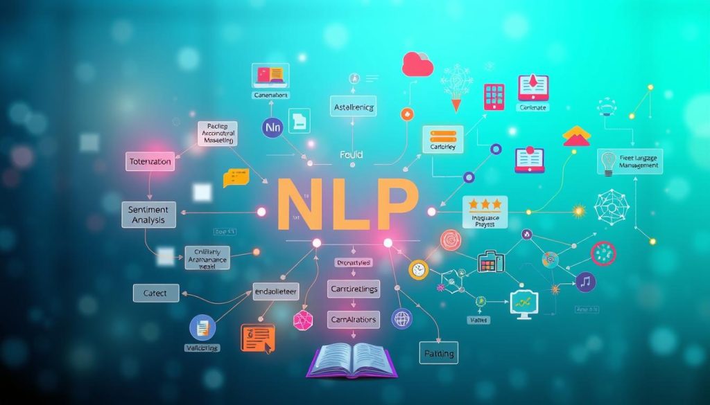 A detailed and vibrant Natural Language Processing (NLP) chart, visually depicting various components of NLP such as tokenization, sentiment analysis, and language modeling. In the foreground, illustrate a clear, interactive chart with colorful nodes and arrows connecting different aspects, accompanied by symbolic icons like a brain, chat bubbles, and books. The middle ground features abstract representations of algorithms and neural networks, with soft glow effects to indicate activity. The background should be a subtle gradient of blue and green, evoking a tech-savvy atmosphere. The lighting should be bright and engaging, suggesting innovation and intelligence, with a clean and modern layout that infuses a sense of professionalism and clarity, suitable for educational use. No text, labels, or watermarks are present. A detailed and vibrant Natural Language Processing (NLP) chart, visually depicting various components of NLP such as tokenization, sentiment analysis, and language modeling. In the foreground, illustrate a clear, interactive chart with colorful nodes and arrows connecting different aspects, accompanied by symbolic icons like a brain, chat bubbles, and books. The middle ground features abstract representations of algorithms and neural networks, with soft glow effects to indicate activity. The background should be a subtle gradient of blue and green, evoking a tech-savvy atmosphere. The lighting should be bright and engaging, suggesting innovation and intelligence, with a clean and modern layout that infuses a sense of professionalism and clarity, suitable for educational use. No text, labels, or watermarks are present.