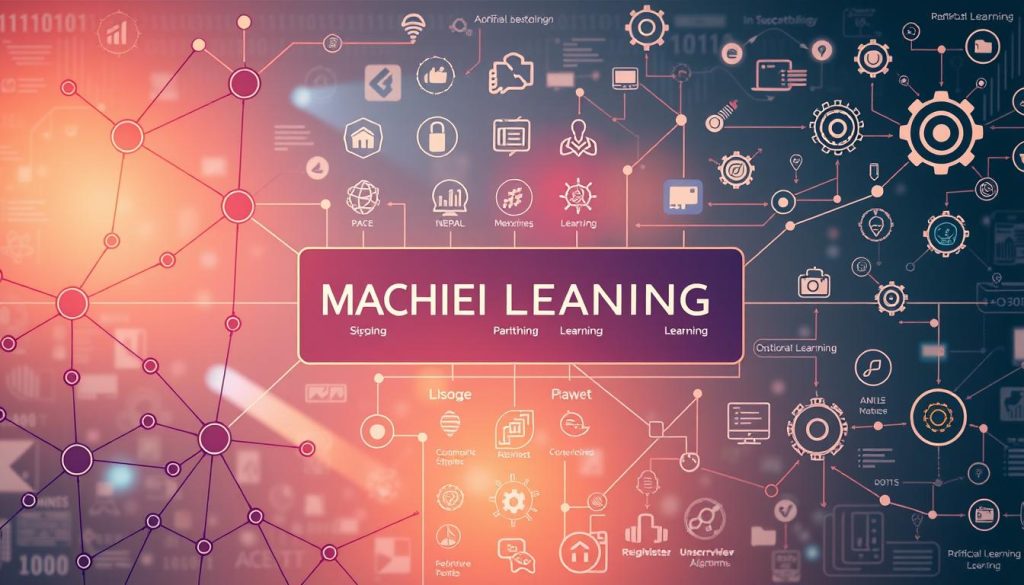 A detailed machine learning diagram illustrating key concepts and processes within a vibrant, modern design. In the foreground, feature interconnected nodes representing neural networks, with lines depicting data flows and algorithms. In the middle layer, include icons symbolizing various machine learning types like supervised learning, unsupervised learning, and reinforcement learning. The background should show a muted gradient showcasing technology elements like binary code, gears, and abstract shapes that signify artificial intelligence. Use soft, ambient lighting to create a professional yet inviting atmosphere. Capture the image from a slightly elevated angle to give depth and perspective, focusing on clarity and educational value. A detailed machine learning diagram illustrating key concepts and processes within a vibrant, modern design. In the foreground, feature interconnected nodes representing neural networks, with lines depicting data flows and algorithms. In the middle layer, include icons symbolizing various machine learning types like supervised learning, unsupervised learning, and reinforcement learning. The background should show a muted gradient showcasing technology elements like binary code, gears, and abstract shapes that signify artificial intelligence. Use soft, ambient lighting to create a professional yet inviting atmosphere. Capture the image from a slightly elevated angle to give depth and perspective, focusing on clarity and educational value.