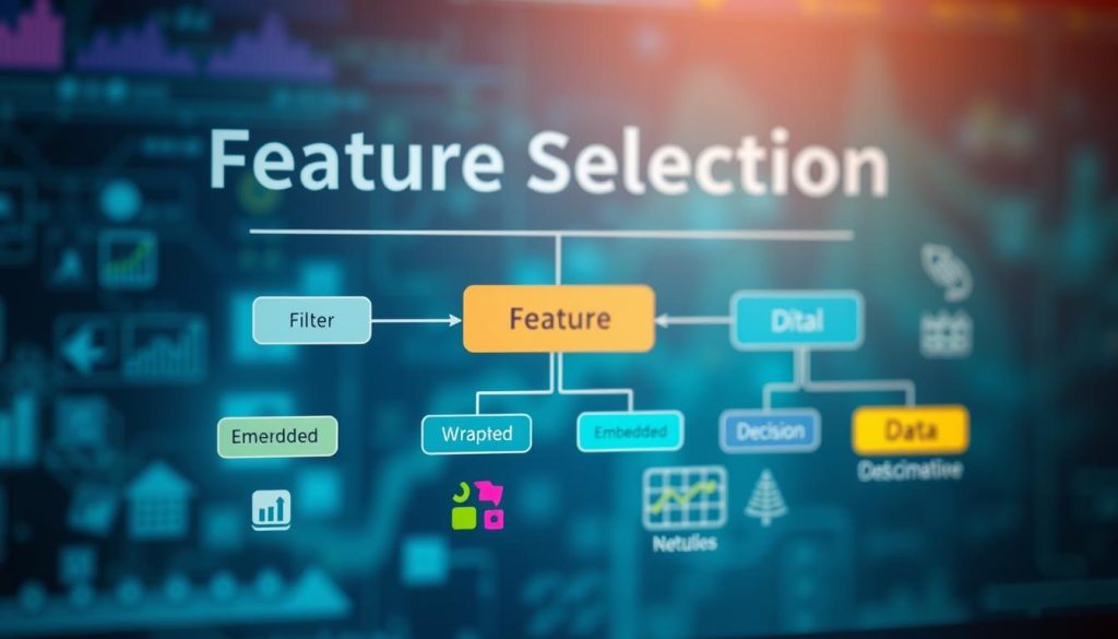 A detailed, visually appealing feature selection visual guide, showcasing the process of identifying key features in data analysis. In the foreground, a flowchart illustrating various methods of feature selection like filter, wrapper, and embedded methods, with distinct color coding for each method. The middle ground features icons representing data attributes such as graphs, pie charts, and decision trees, symbolizing data analysis. The background contains a subtle gradient of blues and greens to evoke a sense of technology and intelligence, enhanced by soft lighting that highlights the flowchart's details. The atmosphere should be professional and educational, emphasizing clarity and accessibility in the visual representation of complex ideas. Use a shallow depth of field to focus attention on the flowchart, ensuring no text or watermarks are included. A detailed, visually appealing feature selection visual guide, showcasing the process of identifying key features in data analysis. In the foreground, a flowchart illustrating various methods of feature selection like filter, wrapper, and embedded methods, with distinct color coding for each method. The middle ground features icons representing data attributes such as graphs, pie charts, and decision trees, symbolizing data analysis. The background contains a subtle gradient of blues and greens to evoke a sense of technology and intelligence, enhanced by soft lighting that highlights the flowchart's details. The atmosphere should be professional and educational, emphasizing clarity and accessibility in the visual representation of complex ideas. Use a shallow depth of field to focus attention on the flowchart, ensuring no text or watermarks are included.