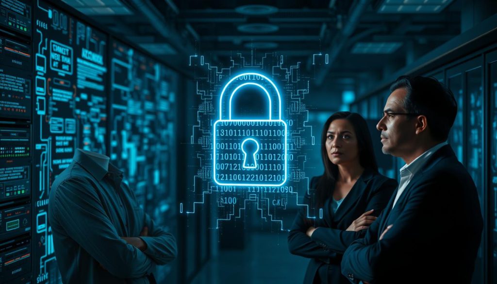 A dimly lit office environment serves as the backdrop, filled with an array of technological gadgets and a large digital display showcasing complex data streams and cybersecurity graphics. In the foreground, a diverse group of three professionals—two men and one woman—are engaged in a serious discussion, all dressed in smart business attire. Their expressions reflect concern and contemplation. The middle ground features a holographic representation of a lock intertwined with binary code, symbolizing data security. The backdrop is filled with blurred silhouettes of servers and digital interfaces, creating a sense of depth. The lighting is moody yet focused, with soft blue tones highlighting the high-tech atmosphere, enhancing the theme of challenges in AI development. The overall mood is tense yet collaborative, emphasizing the urgency of addressing AI data security concerns. A dimly lit office environment serves as the backdrop, filled with an array of technological gadgets and a large digital display showcasing complex data streams and cybersecurity graphics. In the foreground, a diverse group of three professionals—two men and one woman—are engaged in a serious discussion, all dressed in smart business attire. Their expressions reflect concern and contemplation. The middle ground features a holographic representation of a lock intertwined with binary code, symbolizing data security. The backdrop is filled with blurred silhouettes of servers and digital interfaces, creating a sense of depth. The lighting is moody yet focused, with soft blue tones highlighting the high-tech atmosphere, enhancing the theme of challenges in AI development. The overall mood is tense yet collaborative, emphasizing the urgency of addressing AI data security concerns.