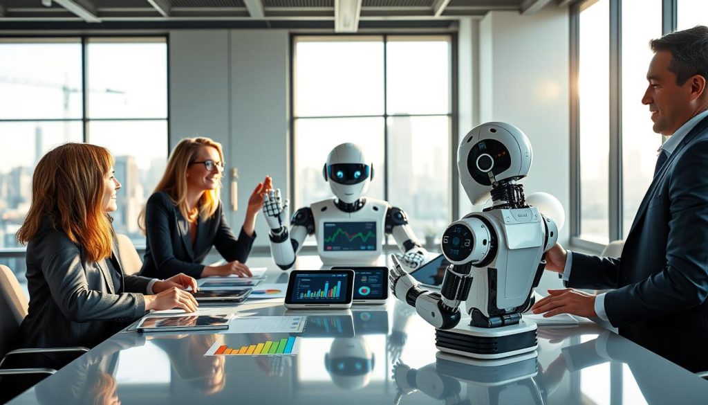 A diverse group of professionals, both humans and AI robots, collaboratively brainstorming around a sleek, modern conference table in a bright, well-lit office space. The humans, dressed in professional business attire, share ideas with an AI assistant, represented as a humanoid robot with an expressive screen as a face. In the foreground, colorful charts and digital tablets display data and analytics. In the middle ground, hands are raised in discussion, and friendly expressions convey engagement and teamwork. The background features large windows with a city skyline, in soft focus, suggesting innovation and progress. Natural sunlight streams in, creating an inspiring atmosphere. The image captures the essence of collaboration, emphasizing a harmonious mix of human ingenuity and AI capabilities, highlighting a bright future of shared intelligence. A diverse group of professionals, both humans and AI robots, collaboratively brainstorming around a sleek, modern conference table in a bright, well-lit office space. The humans, dressed in professional business attire, share ideas with an AI assistant, represented as a humanoid robot with an expressive screen as a face. In the foreground, colorful charts and digital tablets display data and analytics. In the middle ground, hands are raised in discussion, and friendly expressions convey engagement and teamwork. The background features large windows with a city skyline, in soft focus, suggesting innovation and progress. Natural sunlight streams in, creating an inspiring atmosphere. The image captures the essence of collaboration, emphasizing a harmonious mix of human ingenuity and AI capabilities, highlighting a bright future of shared intelligence.
