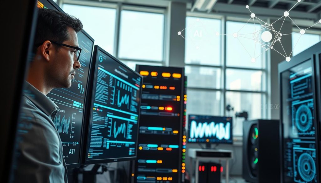 A dynamic scene depicting the AI model training process in a modern laboratory setting. In the foreground, a focused data scientist in professional attire is intently monitoring multiple screens filled with complex algorithms and graphs, showcasing the AI learning progress. The middle ground features advanced computing equipment, such as GPUs and servers, with flashing LED lights indicating processing activity. In the background, large windows allow natural light to flood the room, creating a bright and optimistic atmosphere, while visual elements like abstract data flow graphics and neural network diagrams subtly overlay the environment. The overall mood is one of innovation and discovery, captured in a well-composed, slightly wide-angle view, enhancing the sense of scale and complexity in AI development. A dynamic scene depicting the AI model training process in a modern laboratory setting. In the foreground, a focused data scientist in professional attire is intently monitoring multiple screens filled with complex algorithms and graphs, showcasing the AI learning progress. The middle ground features advanced computing equipment, such as GPUs and servers, with flashing LED lights indicating processing activity. In the background, large windows allow natural light to flood the room, creating a bright and optimistic atmosphere, while visual elements like abstract data flow graphics and neural network diagrams subtly overlay the environment. The overall mood is one of innovation and discovery, captured in a well-composed, slightly wide-angle view, enhancing the sense of scale and complexity in AI development.