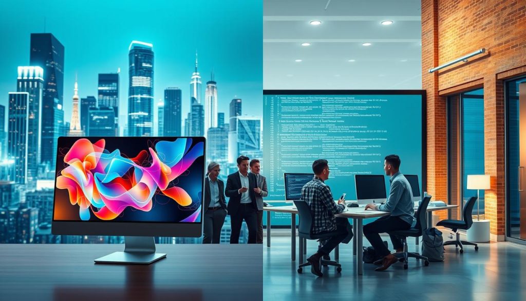 A dynamic split scene illustrating the contrast between Generative AI and Traditional AI. In the foreground, a sleek, modern computer with a glowing interface displaying vibrant, abstract visuals representing Generative AI's creative potential, accompanied by a diverse group of professionals in business attire collaborating enthusiastically. In the middle ground, a traditional computer setup with layered code and a focus on algorithms, surrounded by focused individuals in modest casual clothing analyzing data. The background features a futuristic digital cityscape symbolizing progress and innovation for Generative AI, contrasted by a classic, brick-and-mortar office representing Traditional AI. The lighting is bright and inviting, with key focus on the glowing elements of Generative AI, creating an atmosphere of inspiration and forward-thinking. Shot from a slightly elevated angle to capture both sides of the technological evolution. A dynamic split scene illustrating the contrast between Generative AI and Traditional AI. In the foreground, a sleek, modern computer with a glowing interface displaying vibrant, abstract visuals representing Generative AI's creative potential, accompanied by a diverse group of professionals in business attire collaborating enthusiastically. In the middle ground, a traditional computer setup with layered code and a focus on algorithms, surrounded by focused individuals in modest casual clothing analyzing data. The background features a futuristic digital cityscape symbolizing progress and innovation for Generative AI, contrasted by a classic, brick-and-mortar office representing Traditional AI. The lighting is bright and inviting, with key focus on the glowing elements of Generative AI, creating an atmosphere of inspiration and forward-thinking. Shot from a slightly elevated angle to capture both sides of the technological evolution.