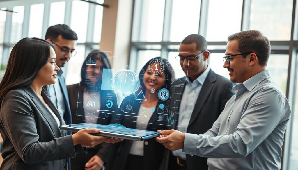 A focused scene depicting Human-AI Collaboration in a modern office setting. In the foreground, a diverse group of professionals in business attire, including a woman of Asian descent and a man of African descent, are gathered around a sleek digital tablet displaying data analytics. They are engaged in discussion, showcasing their teamwork with AI tools. In the middle ground, a translucent, holographic AI interface hovers above the tablet, displaying complex algorithms and visualizations, radiating a soft blue light. The background features a well-designed office space with large windows allowing natural light to flood in, creating an optimistic and innovative atmosphere. The overall mood is collaborative and futuristic, highlighting the synergy between human insight and artificial intelligence. The camera angle is slightly elevated, capturing both the human participants and the immersive AI technology. A focused scene depicting Human-AI Collaboration in a modern office setting. In the foreground, a diverse group of professionals in business attire, including a woman of Asian descent and a man of African descent, are gathered around a sleek digital tablet displaying data analytics. They are engaged in discussion, showcasing their teamwork with AI tools. In the middle ground, a translucent, holographic AI interface hovers above the tablet, displaying complex algorithms and visualizations, radiating a soft blue light. The background features a well-designed office space with large windows allowing natural light to flood in, creating an optimistic and innovative atmosphere. The overall mood is collaborative and futuristic, highlighting the synergy between human insight and artificial intelligence. The camera angle is slightly elevated, capturing both the human participants and the immersive AI technology.