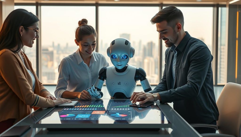 A futuristic and professional setting depicting the AI emotional training process. In the foreground, a diverse group of three individuals, a woman and two men, are engaged around a sleek table equipped with advanced technology, looking thoughtfully at a digital interface displaying emotional analytics in vibrant graphs and emotive icons. In the middle, a lifelike humanoid robot is interacting with them, observing their facial expressions with sensors, suggesting a collaborative atmosphere of learning. The background features a large window overlooking a cityscape, infused with warm natural light, creating an inviting and optimistic mood. The overall composition should convey innovation and emotional intelligence through technology, emphasizing a sense of progress in AI empathy training. A futuristic and professional setting depicting the AI emotional training process. In the foreground, a diverse group of three individuals, a woman and two men, are engaged around a sleek table equipped with advanced technology, looking thoughtfully at a digital interface displaying emotional analytics in vibrant graphs and emotive icons. In the middle, a lifelike humanoid robot is interacting with them, observing their facial expressions with sensors, suggesting a collaborative atmosphere of learning. The background features a large window overlooking a cityscape, infused with warm natural light, creating an inviting and optimistic mood. The overall composition should convey innovation and emotional intelligence through technology, emphasizing a sense of progress in AI empathy training.
