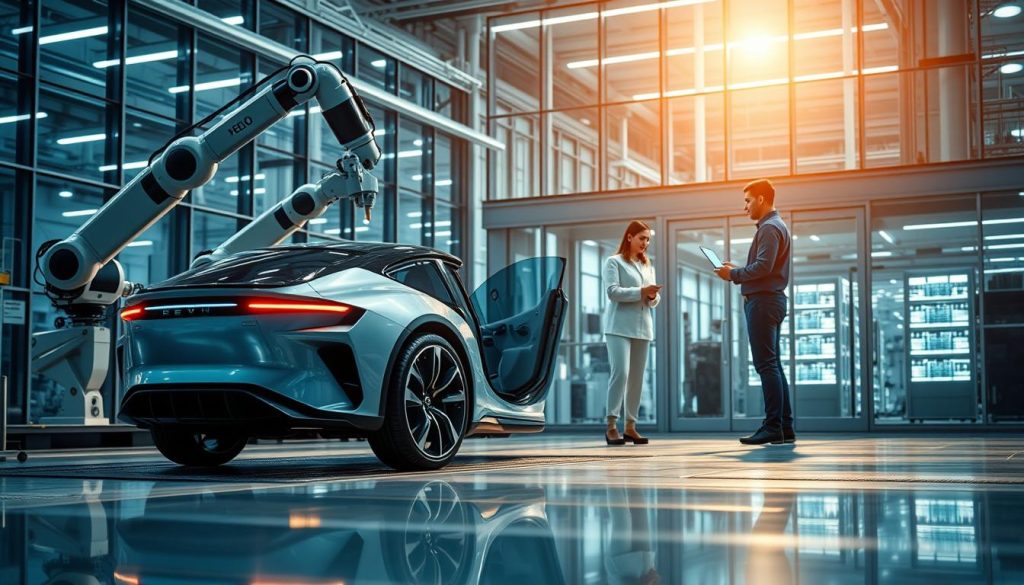 A futuristic automotive manufacturing facility showcasing advanced AI technology at work. In the foreground, a sleek, autonomous electric vehicle is being assembled by robotic arms, highlighting precision and innovation. The middle ground features engineers in professional attire collaborating around a digital display, analyzing data in real-time. The background showcases a modern factory with large glass windows, bright, artificial lighting emphasizing a clean and efficient environment. Soft reflections of machinery and tech gadgets illuminate the scene, conveying a sense of progress and excitement in the automotive industry. The atmosphere is vibrant and energetic, reflecting the transformative impact of AI on transportation.