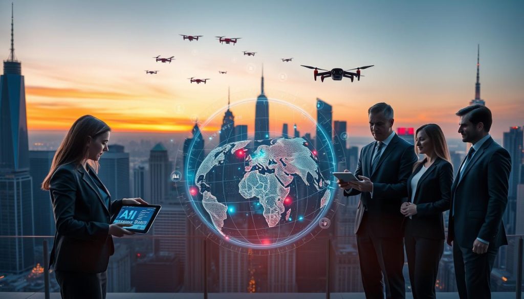 A futuristic city skyline at dusk, showcasing iconic buildings blended with digital interfaces and holographic displays. In the foreground, a group of diverse professionals in business attire stands confidently, analyzing AI data on tablets and laptops. One woman highlights a global map with AI hotspots while a man gestures toward dynamic graphs emerging from the devices. In the middle ground, vibrant holographic imagery of AI systems and algorithms floats around a central digital globe, symbolizing competition among nations. The background features a bright sky transitioning from orange to deep blue, dotted with flying drones. Soft, ambient lighting creates a sense of urgency and innovation, emphasizing the fast-paced nature of the global AI race.