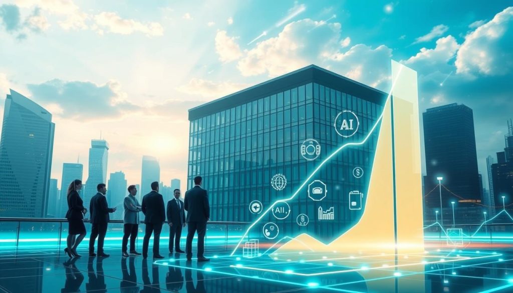 A futuristic city skyline illuminated by soft blue and green neon lights, symbolizing technological advancement and AI investment. In the foreground, a diverse group of professionals in formal business attire are gathered around a holographic display showing a rising graph and digital icons representing various AI technologies. The middle ground features a sleek modern office building with large glass windows, reflecting the vibrancy of the city. The background showcases a dynamic sky with abstract cloud formations and glowing data streams, enhancing the atmosphere of innovation and growth. The lighting is bright yet soft, casting a hopeful glow, while the scene conveys a sense of optimism and forward momentum in AI advancements, capturing the essence of growth factors driving this rapid rise. A futuristic city skyline illuminated by soft blue and green neon lights, symbolizing technological advancement and AI investment. In the foreground, a diverse group of professionals in formal business attire are gathered around a holographic display showing a rising graph and digital icons representing various AI technologies. The middle ground features a sleek modern office building with large glass windows, reflecting the vibrancy of the city. The background showcases a dynamic sky with abstract cloud formations and glowing data streams, enhancing the atmosphere of innovation and growth. The lighting is bright yet soft, casting a hopeful glow, while the scene conveys a sense of optimism and forward momentum in AI advancements, capturing the essence of growth factors driving this rapid rise.