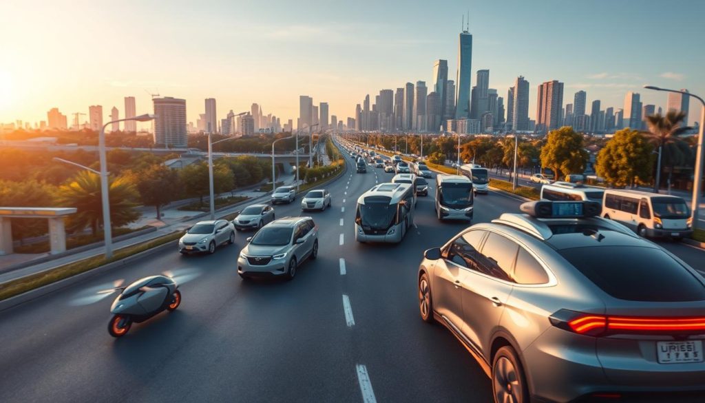 A futuristic cityscape featuring a diverse array of autonomous vehicles seamlessly navigating through smart infrastructure. In the foreground, a sleek electric self-driving car with advanced sensors and an interactive digital dashboard glows under dynamic LED streetlights. In the middle ground, various types of autonomous transports, including buses and drones, showcase innovative designs, weaving through busy streets lined with greenery. The background reveals a skyline dotted with modern skyscrapers, emphasized by a blue sunset casting a warm glow. The atmosphere feels optimistic and vibrant, highlighting the synergy between technology and urban life. The scene is captured with a wide-angle lens, accentuating depth with slightly blurred edges to enhance the focus on the vehicles. Natural lighting enhances the scene's realism, creating a hopeful mood about the future of transportation powered by AI. A futuristic cityscape featuring a diverse array of autonomous vehicles seamlessly navigating through smart infrastructure. In the foreground, a sleek electric self-driving car with advanced sensors and an interactive digital dashboard glows under dynamic LED streetlights. In the middle ground, various types of autonomous transports, including buses and drones, showcase innovative designs, weaving through busy streets lined with greenery. The background reveals a skyline dotted with modern skyscrapers, emphasized by a blue sunset casting a warm glow. The atmosphere feels optimistic and vibrant, highlighting the synergy between technology and urban life. The scene is captured with a wide-angle lens, accentuating depth with slightly blurred edges to enhance the focus on the vehicles. Natural lighting enhances the scene's realism, creating a hopeful mood about the future of transportation powered by AI.