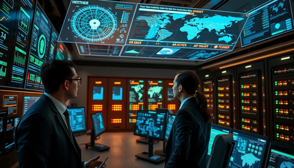 A futuristic cybersecurity control room filled with advanced AI technology. In the foreground, a diverse group of three professionals in smart business attire intently monitoring multiple screens displaying intricate data patterns, threat alerts, and AI analytics. The middle layer features holographic displays showing real-time cyber threat maps and 3D models of data flows, illuminated with glowing blue and green lights. In the background, rows of servers hum quietly, with blinking lights indicating active processing. The atmosphere is focused and intense, with soft ambient lighting creating a sense of urgency and innovation. The image should be captured from a slight angle, highlighting the teamwork and advanced technology while maintaining a professional mood. A futuristic cybersecurity control room filled with advanced AI technology. In the foreground, a diverse group of three professionals in smart business attire intently monitoring multiple screens displaying intricate data patterns, threat alerts, and AI analytics. The middle layer features holographic displays showing real-time cyber threat maps and 3D models of data flows, illuminated with glowing blue and green lights. In the background, rows of servers hum quietly, with blinking lights indicating active processing. The atmosphere is focused and intense, with soft ambient lighting creating a sense of urgency and innovation. The image should be captured from a slight angle, highlighting the teamwork and advanced technology while maintaining a professional mood.
