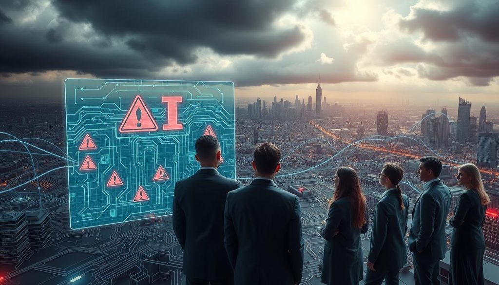 A futuristic digital landscape depicting the challenges facing artificial intelligence. In the foreground, a diverse group of professionals in smart business attire, engaged in intense discussions around a holographic display representing AI algorithms with red warning symbols, signifying issues such as bias and ethics. The middle layer features a vast maze of circuits and tangled wires, symbolizing the complexity and unpredictability of AI systems. In the background, dark clouds loom over a city skyline, reflecting the uncertainty and potential risks of AI technology. The lighting is dramatic, with sharp contrasts highlighting the characters and elements, creating a tense atmosphere that illustrates the urgent need for resolution in AI challenges. The perspective is slightly tilted, emphasizing the chaotic nature of the scene. A futuristic digital landscape depicting the challenges facing artificial intelligence. In the foreground, a diverse group of professionals in smart business attire, engaged in intense discussions around a holographic display representing AI algorithms with red warning symbols, signifying issues such as bias and ethics. The middle layer features a vast maze of circuits and tangled wires, symbolizing the complexity and unpredictability of AI systems. In the background, dark clouds loom over a city skyline, reflecting the uncertainty and potential risks of AI technology. The lighting is dramatic, with sharp contrasts highlighting the characters and elements, creating a tense atmosphere that illustrates the urgent need for resolution in AI challenges. The perspective is slightly tilted, emphasizing the chaotic nature of the scene.