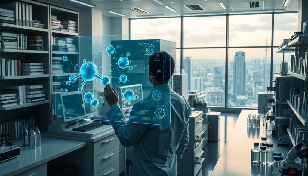 A futuristic laboratory filled with advanced AI technology aiding scientific research. In the foreground, a scientist in professional attire interacts with a holographic display showcasing complex data and molecular structures. The middle ground features various high-tech machines analyzing samples, surrounded by shelves filled with scientific equipment and books. The background reveals large windows with a panoramic view of a vibrant cityscape, illuminated by soft, natural lighting to evoke a sense of innovation and possibility. The mood is inspiring and collaborative, highlighting the synergy between human intellect and artificial intelligence. The image captures the moment of discovery, emphasizing the transformative role of AI in advancing scientific knowledge and research. A futuristic laboratory filled with advanced AI technology aiding scientific research. In the foreground, a scientist in professional attire interacts with a holographic display showcasing complex data and molecular structures. The middle ground features various high-tech machines analyzing samples, surrounded by shelves filled with scientific equipment and books. The background reveals large windows with a panoramic view of a vibrant cityscape, illuminated by soft, natural lighting to evoke a sense of innovation and possibility. The mood is inspiring and collaborative, highlighting the synergy between human intellect and artificial intelligence. The image captures the moment of discovery, emphasizing the transformative role of AI in advancing scientific knowledge and research.