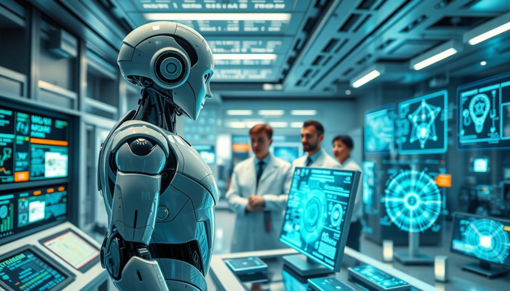 A futuristic laboratory filled with cutting-edge technology representing Artificial General Intelligence. In the foreground, a humanoid robot with a sleek, polished design stands at a control panel, displaying complex algorithms on holographic screens. The middle ground features scientists in professional attire, intently observing the robot’s data and insights, symbolizing collaboration between human intellect and machine learning. The background reveals a high-tech environment with digital interfaces, glowing charts, and AI models visualizing neural networks. Soft bluish lighting creates a calm yet dynamic atmosphere, while a wide-angle perspective captures the depth of the lab, emphasizing the synergy between human and artificial intelligence in pursuit of AGI characteristics. A futuristic laboratory filled with cutting-edge technology representing Artificial General Intelligence. In the foreground, a humanoid robot with a sleek, polished design stands at a control panel, displaying complex algorithms on holographic screens. The middle ground features scientists in professional attire, intently observing the robot’s data and insights, symbolizing collaboration between human intellect and machine learning. The background reveals a high-tech environment with digital interfaces, glowing charts, and AI models visualizing neural networks. Soft bluish lighting creates a calm yet dynamic atmosphere, while a wide-angle perspective captures the depth of the lab, emphasizing the synergy between human and artificial intelligence in pursuit of AGI characteristics.