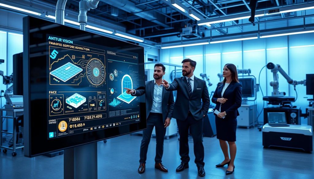 A futuristic laboratory setting focusing on computer vision technology. In the foreground, a sleek, interactive touchscreen displays various data visualizations and 3D models, with glowing circuit patterns emanating from the screen. The middle ground features a diverse group of three professionals, dressed in smart business attire, engaged in deep discussion while analyzing the data. One of them points towards the screen, illustrating a cutting-edge AI algorithm in action. The background reveals sophisticated equipment like cameras, sensors, and robotic arms, surrounded by soft blue ambient lighting to create a high-tech atmosphere. The overall mood combines innovation and collaboration, with a focus on groundbreaking advancements in AI and computer vision technology. A futuristic laboratory setting focusing on computer vision technology. In the foreground, a sleek, interactive touchscreen displays various data visualizations and 3D models, with glowing circuit patterns emanating from the screen. The middle ground features a diverse group of three professionals, dressed in smart business attire, engaged in deep discussion while analyzing the data. One of them points towards the screen, illustrating a cutting-edge AI algorithm in action. The background reveals sophisticated equipment like cameras, sensors, and robotic arms, surrounded by soft blue ambient lighting to create a high-tech atmosphere. The overall mood combines innovation and collaboration, with a focus on groundbreaking advancements in AI and computer vision technology.