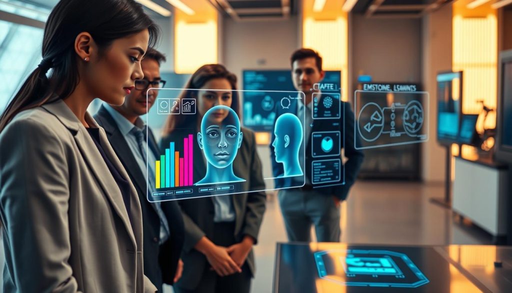A futuristic laboratory setting showcasing the concept of emotional recognition in AI. In the foreground, a diverse group of three professionals, a woman in business attire and two men in smart casual clothing, are intently observing an interactive holographic display that visualizes emotional data, represented by colorful graphs and icons. The middle ground features sophisticated AI interfaces, including facial recognition software analyzing human emotions through real-time data. In the background, sleek, modern technology contrasting with warm ambient lighting creates an inviting yet innovative atmosphere. The scene is viewed from a slightly elevated angle, emphasizing the collaboration between humans and AI, capturing a blend of curiosity and technological advancement in emotional intelligence. A futuristic laboratory setting showcasing the concept of emotional recognition in AI. In the foreground, a diverse group of three professionals, a woman in business attire and two men in smart casual clothing, are intently observing an interactive holographic display that visualizes emotional data, represented by colorful graphs and icons. The middle ground features sophisticated AI interfaces, including facial recognition software analyzing human emotions through real-time data. In the background, sleek, modern technology contrasting with warm ambient lighting creates an inviting yet innovative atmosphere. The scene is viewed from a slightly elevated angle, emphasizing the collaboration between humans and AI, capturing a blend of curiosity and technological advancement in emotional intelligence.