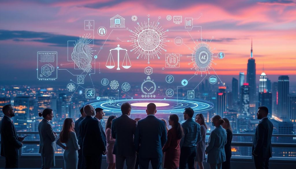 A futuristic, multi-layered scene depicting the ethical implications of Artificial General Intelligence (AGI). In the foreground, a diverse group of professionals, dressed in business attire, are engaged in a heated discussion around a holographic display showcasing complex algorithms and digital networks. In the middle ground, symbolic representations of human values—like scales of justice and a heart—intertwine with robotic features like circuit patterns and AI icons, illustrating the conflict between ethics and technology. The background features a skyline of a high-tech city, bathed in soft twilight, with vibrant yet soft lighting to create an introspective atmosphere. The composition conveys both tension and hope, inviting viewers to ponder the future of AGI. A futuristic, multi-layered scene depicting the ethical implications of Artificial General Intelligence (AGI). In the foreground, a diverse group of professionals, dressed in business attire, are engaged in a heated discussion around a holographic display showcasing complex algorithms and digital networks. In the middle ground, symbolic representations of human values—like scales of justice and a heart—intertwine with robotic features like circuit patterns and AI icons, illustrating the conflict between ethics and technology. The background features a skyline of a high-tech city, bathed in soft twilight, with vibrant yet soft lighting to create an introspective atmosphere. The composition conveys both tension and hope, inviting viewers to ponder the future of AGI.