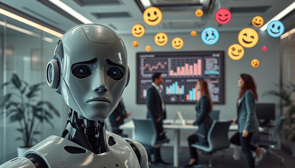 A futuristic office environment depicting the challenges of AI in recognizing emotions. In the foreground, a humanoid robot with a digital face displaying mixed expressions of confusion and frustration. In the middle, a diverse group of professionals dressed in business attire, engaged in discussion around a large screen showing graphs and charts of emotional data analysis. In the background, abstract representations of various emotions—smiling faces, crying eyes, and perplexed expressions—float around, symbolizing the complexity of human feelings. Soft, diffused lighting creates a contemplative atmosphere, while a wide-angle perspective emphasizes the disconnect between human emotions and AI interpretation. The mood is both thought-provoking and slightly tense, capturing the essence of the challenges faced in AI emotional intelligence. A futuristic office environment depicting the challenges of AI in recognizing emotions. In the foreground, a humanoid robot with a digital face displaying mixed expressions of confusion and frustration. In the middle, a diverse group of professionals dressed in business attire, engaged in discussion around a large screen showing graphs and charts of emotional data analysis. In the background, abstract representations of various emotions—smiling faces, crying eyes, and perplexed expressions—float around, symbolizing the complexity of human feelings. Soft, diffused lighting creates a contemplative atmosphere, while a wide-angle perspective emphasizes the disconnect between human emotions and AI interpretation. The mood is both thought-provoking and slightly tense, capturing the essence of the challenges faced in AI emotional intelligence.