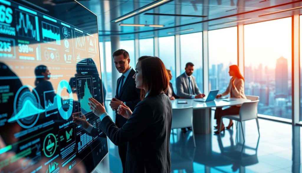 A futuristic office environment showcasing advanced AI decision-making technology. In the foreground, a sleek digital touchscreen interface displays intricate data analytics and predictive models, illuminated with soft blue and green lights. In the middle ground, a diverse group of professionals clad in smart business attire collaborates around a high-tech conference table, analyzing visual data projected on a large screen. Their expressions are focused and engaged, reflecting the positive atmosphere of teamwork. In the background, panoramic windows reveal a city skyline, symbolizing progress and innovation. The overall mood is vibrant and optimistic, with a warm glow from overhead lighting, highlighting the potential of AI in transforming decision-making processes. A futuristic office environment showcasing advanced AI decision-making technology. In the foreground, a sleek digital touchscreen interface displays intricate data analytics and predictive models, illuminated with soft blue and green lights. In the middle ground, a diverse group of professionals clad in smart business attire collaborates around a high-tech conference table, analyzing visual data projected on a large screen. Their expressions are focused and engaged, reflecting the positive atmosphere of teamwork. In the background, panoramic windows reveal a city skyline, symbolizing progress and innovation. The overall mood is vibrant and optimistic, with a warm glow from overhead lighting, highlighting the potential of AI in transforming decision-making processes.