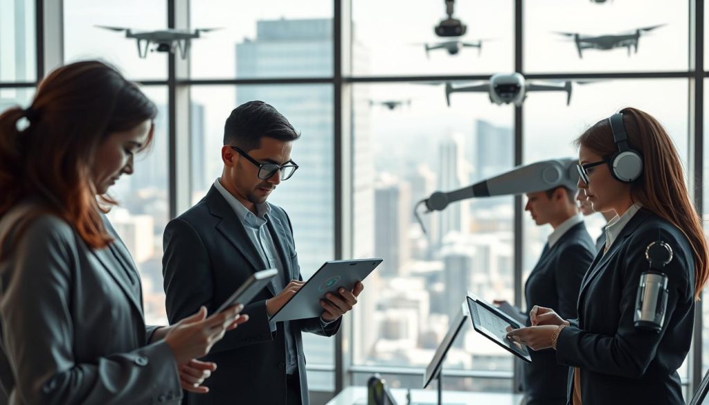 A futuristic office environment showcasing the impact of AI and automation on the workforce. In the foreground, a diverse group of professionals in business attire collaborate on digital tablets and laptops, analyzing data visualizations and automated systems. The middle ground features sleek robotic arms assisting in tasks, symbolizing automation's support. In the background, large windows reveal a bustling cityscape, with drones and autonomous vehicles hinting at technological advancements. Soft, natural lighting streams through the windows, creating a bright and optimistic atmosphere, with a slight focus blur to emphasize the human interaction in the foreground. Capture the mood of innovation, collaboration, and the evolving nature of work in an increasingly automated world. A futuristic office environment showcasing the impact of AI and automation on the workforce. In the foreground, a diverse group of professionals in business attire collaborate on digital tablets and laptops, analyzing data visualizations and automated systems. The middle ground features sleek robotic arms assisting in tasks, symbolizing automation's support. In the background, large windows reveal a bustling cityscape, with drones and autonomous vehicles hinting at technological advancements. Soft, natural lighting streams through the windows, creating a bright and optimistic atmosphere, with a slight focus blur to emphasize the human interaction in the foreground. Capture the mood of innovation, collaboration, and the evolving nature of work in an increasingly automated world.