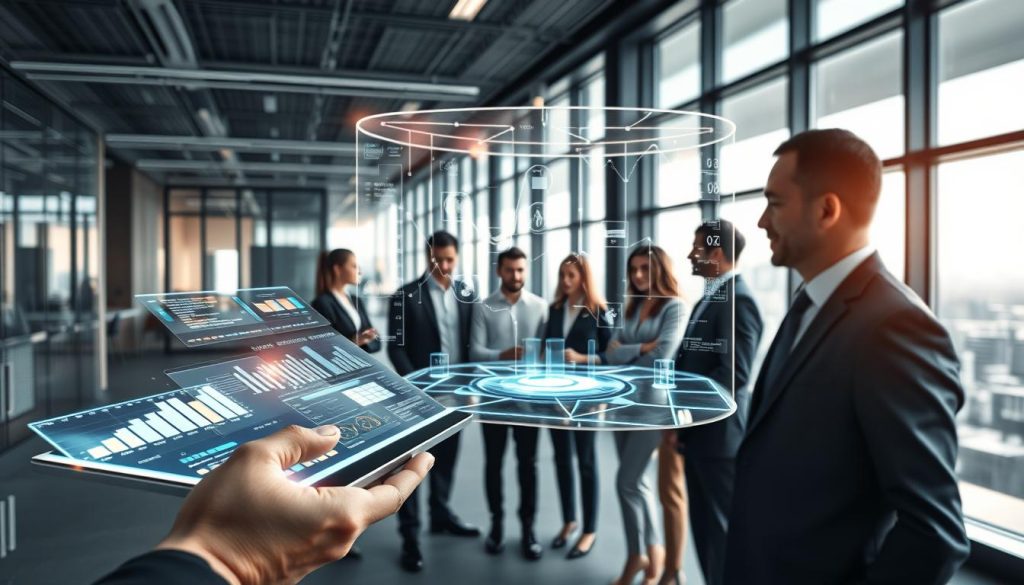 A futuristic office space featuring advanced Smart Decision Technology. In the foreground, a sleek digital interface with glowing graphs and data analytics projects from a high-tech tablet held by a professional in business attire. In the middle ground, a diverse group of professionals collaborate around a large holographic display that visualizes complex decision-making algorithms and AI insights. The background features a modern, minimalistic office with large glass windows, allowing natural light to flood the space, creating a bright and optimistic atmosphere. The scene should be captured with a wide-angle lens to emphasize collaboration and innovation, conveying a sense of forward-thinking and the promise of AI in decision-making. The overall mood is dynamic, inspiring, and focused on technology's role in shaping the future. A futuristic office space featuring advanced Smart Decision Technology. In the foreground, a sleek digital interface with glowing graphs and data analytics projects from a high-tech tablet held by a professional in business attire. In the middle ground, a diverse group of professionals collaborate around a large holographic display that visualizes complex decision-making algorithms and AI insights. The background features a modern, minimalistic office with large glass windows, allowing natural light to flood the space, creating a bright and optimistic atmosphere. The scene should be captured with a wide-angle lens to emphasize collaboration and innovation, conveying a sense of forward-thinking and the promise of AI in decision-making. The overall mood is dynamic, inspiring, and focused on technology's role in shaping the future.