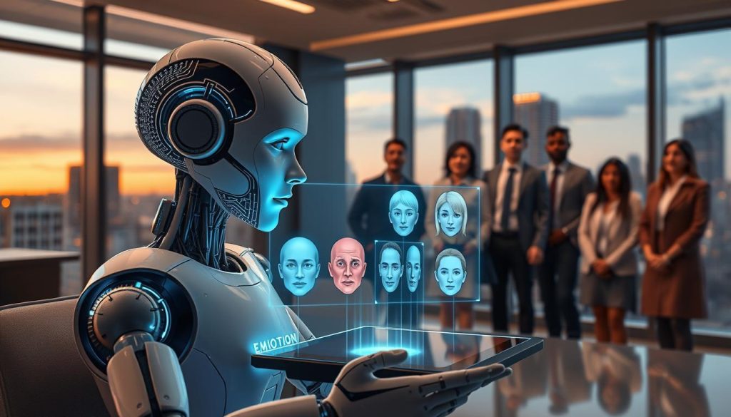 A futuristic representation of "AI emotional intelligence," featuring a humanoid robot with intricate circuit patterns glowing softly, sitting in a sleek, modern office space. The robot's face displays a gentle, contemplative expression, symbolizing the understanding of human emotions. In the foreground, a holographic interface showcases various human emotional expressions, like joy and sadness, floating above a digital tablet. In the middle ground, a diverse group of professionals in business attire are observing the robot, their faces reflecting curiosity and intrigue. The background includes large windows revealing a cityscape at dusk, with warm lighting casting a calm, reflective mood. The image captures a blend of humanity and technology, emphasizing the thoughtful exploration of emotional capabilities in AI. A futuristic representation of "AI emotional intelligence," featuring a humanoid robot with intricate circuit patterns glowing softly, sitting in a sleek, modern office space. The robot's face displays a gentle, contemplative expression, symbolizing the understanding of human emotions. In the foreground, a holographic interface showcases various human emotional expressions, like joy and sadness, floating above a digital tablet. In the middle ground, a diverse group of professionals in business attire are observing the robot, their faces reflecting curiosity and intrigue. The background includes large windows revealing a cityscape at dusk, with warm lighting casting a calm, reflective mood. The image captures a blend of humanity and technology, emphasizing the thoughtful exploration of emotional capabilities in AI.
