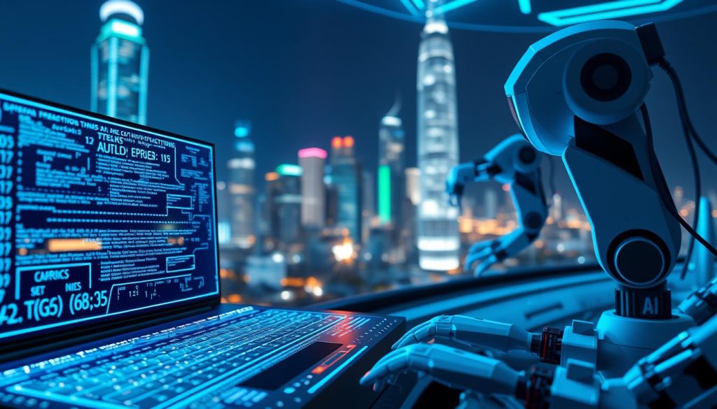 A futuristic representation of the AI operation process, featuring a high-tech, sleek computer interface displaying intricate algorithms and neural networks in the foreground. In the middle ground, robotic arms manipulate data streams, symbolizing machine learning and processing. The background includes a high-rise city skyline illuminated with soft blue and green glowing elements, conveying a sense of innovation and advancement. The scene is lit with cool, ambient light, creating a professional and technological atmosphere. Rendered in a wide-angle view to capture the depth of AI complexity, with intricate details in the circuitry and data flows. Ideal for illustrating the "Core Components of AI" in a modern, sophisticated manner. A futuristic representation of the AI operation process, featuring a high-tech, sleek computer interface displaying intricate algorithms and neural networks in the foreground. In the middle ground, robotic arms manipulate data streams, symbolizing machine learning and processing. The background includes a high-rise city skyline illuminated with soft blue and green glowing elements, conveying a sense of innovation and advancement. The scene is lit with cool, ambient light, creating a professional and technological atmosphere. Rendered in a wide-angle view to capture the depth of AI complexity, with intricate details in the circuitry and data flows. Ideal for illustrating the "Core Components of AI" in a modern, sophisticated manner.