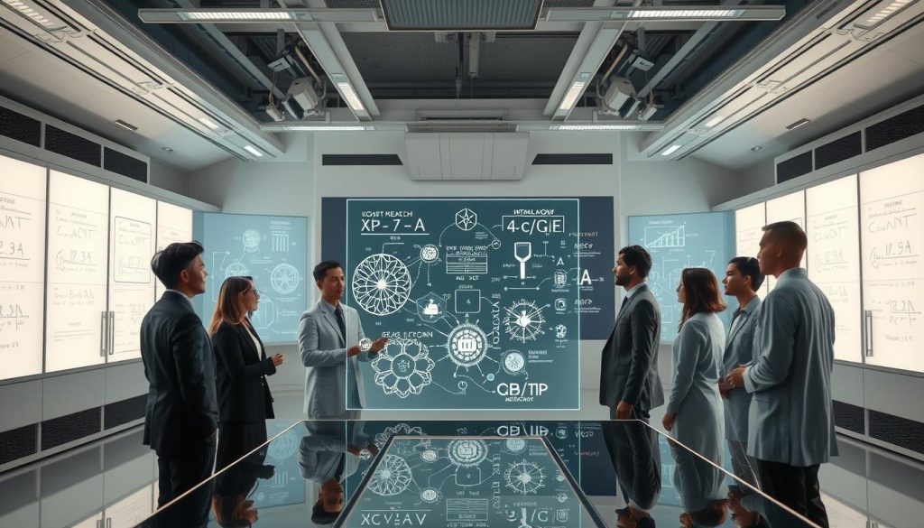 A futuristic research laboratory filled with advanced technology representing the theoretical foundations of Artificial General Intelligence (AGI). In the foreground, a diverse group of researchers in professional attire are engaging in a collaborative discussion around a holographic display showcasing neural networks and algorithms. In the middle, large screens depict complex mathematical equations and schematics related to AGI. The background features a sleek, minimalist design, with glowing panels and robotic elements creating an innovative atmosphere. Soft, ambient lighting highlights the researchers and screens, casting subtle reflections on a glass table. The mood is focused and intellectually stimulating, embodying the essence of cutting-edge scientific inquiry into the realm of AGI. A futuristic research laboratory filled with advanced technology representing the theoretical foundations of Artificial General Intelligence (AGI). In the foreground, a diverse group of researchers in professional attire are engaging in a collaborative discussion around a holographic display showcasing neural networks and algorithms. In the middle, large screens depict complex mathematical equations and schematics related to AGI. The background features a sleek, minimalist design, with glowing panels and robotic elements creating an innovative atmosphere. Soft, ambient lighting highlights the researchers and screens, casting subtle reflections on a glass table. The mood is focused and intellectually stimulating, embodying the essence of cutting-edge scientific inquiry into the realm of AGI.