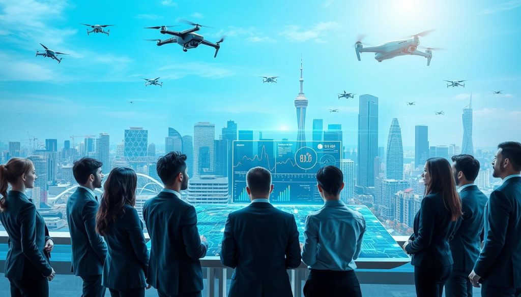 A futuristic scene showcasing the harmonious collaboration between AI and Machine Learning. In the foreground, a diverse team of professionals in smart business attire are engaged in a dynamic discussion around a holographic interface displaying data analytics and neural networks. The middle ground features sleek digital screens and glowing circuit patterns, symbolizing the technological advancements in AI. In the background, a vibrant city skyline with advanced architectural designs and drones flying overhead illustrates the impact of these technologies on urban life. The lighting is bright and optimistic, with a soft blue and green color palette, conveying a sense of innovation and hope. The angle is slightly elevated, providing a panoramic view that emphasizes the scope of future possibilities. A futuristic scene showcasing the harmonious collaboration between AI and Machine Learning. In the foreground, a diverse team of professionals in smart business attire are engaged in a dynamic discussion around a holographic interface displaying data analytics and neural networks. The middle ground features sleek digital screens and glowing circuit patterns, symbolizing the technological advancements in AI. In the background, a vibrant city skyline with advanced architectural designs and drones flying overhead illustrates the impact of these technologies on urban life. The lighting is bright and optimistic, with a soft blue and green color palette, conveying a sense of innovation and hope. The angle is slightly elevated, providing a panoramic view that emphasizes the scope of future possibilities.
