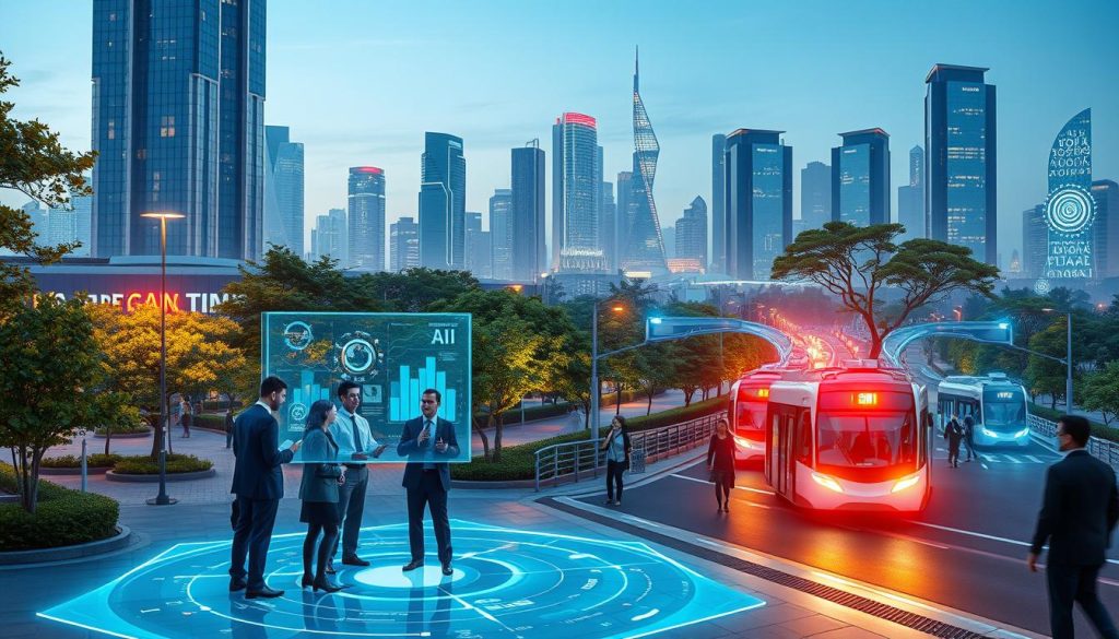 A futuristic urban landscape depicting the impact of AI technology on society. In the foreground, a diverse group of professionals in business attire collaborate around a holographic display showcasing AI-driven data analytics. In the middle ground, smart public transit vehicles and pedestrians interact with AI interfaces, while trees and green spaces integrate technology harmoniously. The background features a skyline with advanced buildings, illuminated by soft blue and orange ambient lighting, symbolizing innovation. The atmosphere is optimistic and dynamic, with a clear sky suggesting a bright future. Use a wide-angle lens to capture the depth of the scene and emphasize the blend of nature and technology. A futuristic urban landscape depicting the impact of AI technology on society. In the foreground, a diverse group of professionals in business attire collaborate around a holographic display showcasing AI-driven data analytics. In the middle ground, smart public transit vehicles and pedestrians interact with AI interfaces, while trees and green spaces integrate technology harmoniously. The background features a skyline with advanced buildings, illuminated by soft blue and orange ambient lighting, symbolizing innovation. The atmosphere is optimistic and dynamic, with a clear sky suggesting a bright future. Use a wide-angle lens to capture the depth of the scene and emphasize the blend of nature and technology.