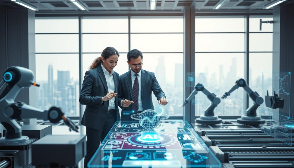A futuristic workspace showcasing the seamless integration of AI and automation technologies. In the foreground, a diverse team of three professionals in smart business attire collaborates over a holographic display, which illustrates complex data and automated processes. In the middle ground, advanced robotic arms are working on assembly lines while AI algorithms are displayed on transparent screens, highlighting efficiency and innovation. The background features a high-tech office with large windows overlooking a cityscape, with soft blue and white lighting that conveys a sense of productivity and cutting-edge technology. The atmosphere is dynamic, emphasizing teamwork and the synergy of human and machine intelligence. The image captures a harmonious blend of technology and professionalism, ideal for exploring the integration of AI and automation. A futuristic workspace showcasing the seamless integration of AI and automation technologies. In the foreground, a diverse team of three professionals in smart business attire collaborates over a holographic display, which illustrates complex data and automated processes. In the middle ground, advanced robotic arms are working on assembly lines while AI algorithms are displayed on transparent screens, highlighting efficiency and innovation. The background features a high-tech office with large windows overlooking a cityscape, with soft blue and white lighting that conveys a sense of productivity and cutting-edge technology. The atmosphere is dynamic, emphasizing teamwork and the synergy of human and machine intelligence. The image captures a harmonious blend of technology and professionalism, ideal for exploring the integration of AI and automation.