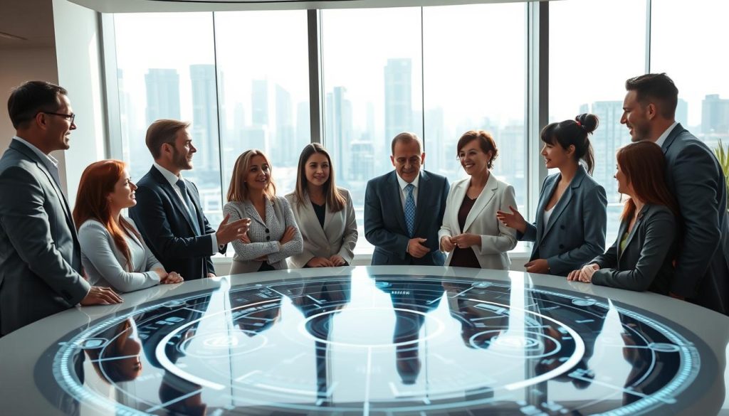 A futuristic workspace that embodies ethical AI development, showcasing a diverse group of professionals in business attire collaborating around a large round table. The foreground highlights a holographic AI interface projecting ethical guidelines and data visualizations. In the middle, the team, consisting of people of various ethnicities and genders, engages in an animated discussion, their gestures reflecting enthusiasm and collaboration. The background features a sleek, modern office with sustainable design elements and large windows displaying a cityscape bathed in natural light. The overall atmosphere conveys a sense of optimism and responsibility, with bright, soft lighting that enhances the professionalism of the scene. The angle captures both the individuals and the technology in a balanced, harmonious composition. A futuristic workspace that embodies ethical AI development, showcasing a diverse group of professionals in business attire collaborating around a large round table. The foreground highlights a holographic AI interface projecting ethical guidelines and data visualizations. In the middle, the team, consisting of people of various ethnicities and genders, engages in an animated discussion, their gestures reflecting enthusiasm and collaboration. The background features a sleek, modern office with sustainable design elements and large windows displaying a cityscape bathed in natural light. The overall atmosphere conveys a sense of optimism and responsibility, with bright, soft lighting that enhances the professionalism of the scene. The angle captures both the individuals and the technology in a balanced, harmonious composition.