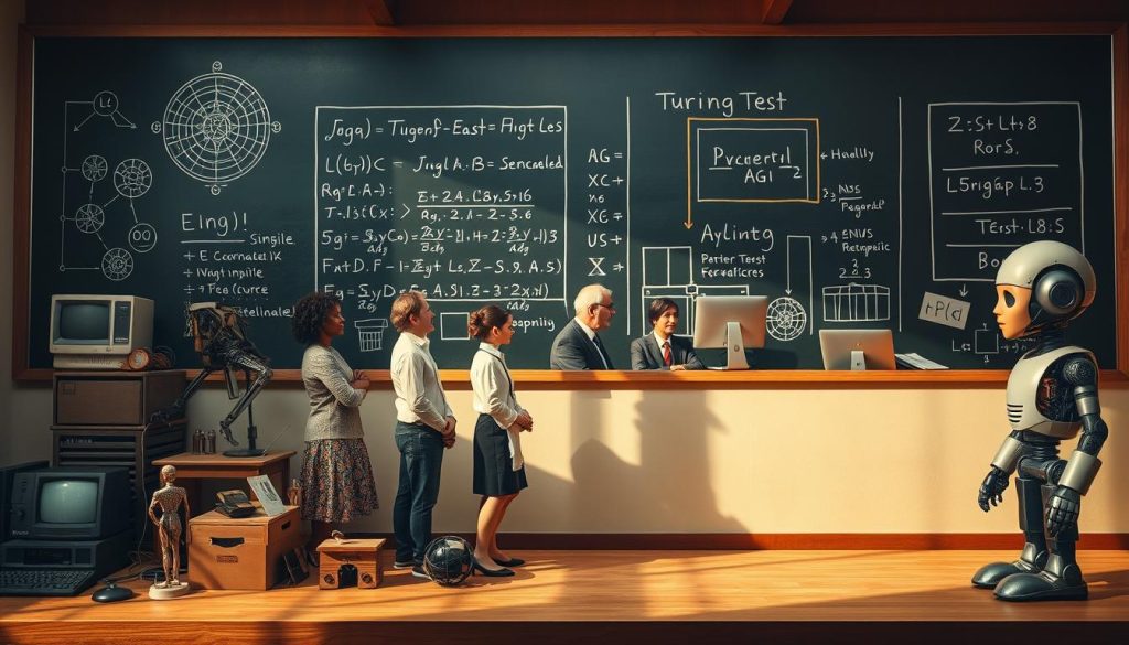 A historical timeline depicting the development of Artificial General Intelligence (AGI). In the foreground, an array of iconic artifacts representing different eras, such as an early computer, a neural network diagram, and a humanoid robot. The middle section features a diverse group of scholars and researchers in professional attire, engaged in lively discussion, symbolizing collaboration. In the background, a chalkboard filled with equations and a diagram of the Turing Test highlights key milestones in AGI research. The lighting is warm and inviting, with soft shadows, creating an atmosphere of inspiration and intellectual curiosity. The image is captured from a slightly elevated angle, offering depth and context to the historical narrative, emphasizing the progression and potential of AGI. A historical timeline depicting the development of Artificial General Intelligence (AGI). In the foreground, an array of iconic artifacts representing different eras, such as an early computer, a neural network diagram, and a humanoid robot. The middle section features a diverse group of scholars and researchers in professional attire, engaged in lively discussion, symbolizing collaboration. In the background, a chalkboard filled with equations and a diagram of the Turing Test highlights key milestones in AGI research. The lighting is warm and inviting, with soft shadows, creating an atmosphere of inspiration and intellectual curiosity. The image is captured from a slightly elevated angle, offering depth and context to the historical narrative, emphasizing the progression and potential of AGI.