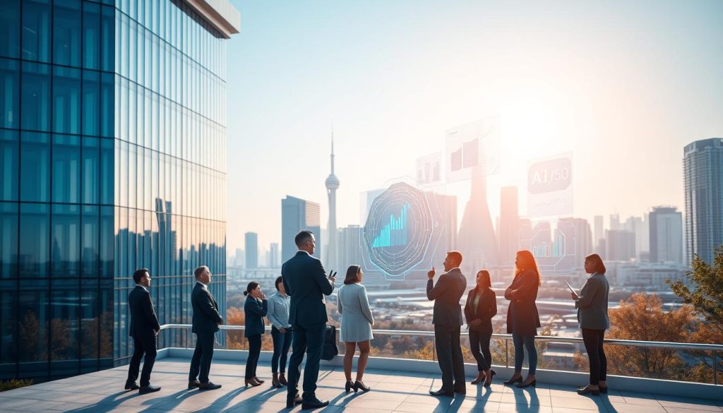 A modern government building with a large glass facade stands in the foreground, symbolizing transparency and regulation in AI policy. In the middle ground, diverse professionals in business attire engage in a discussion, surrounded by holographic representations of AI technologies and data charts. The background features a futuristic city skyline under a clear blue sky, suggesting progress and innovation. Soft, natural lighting illuminates the scene, creating a sense of optimism and collaboration. Aerial perspectives highlight the interconnectedness of government and technology. The mood is focused and professional, reflecting the critical role of government policy in shaping the future of artificial intelligence. A modern government building with a large glass facade stands in the foreground, symbolizing transparency and regulation in AI policy. In the middle ground, diverse professionals in business attire engage in a discussion, surrounded by holographic representations of AI technologies and data charts. The background features a futuristic city skyline under a clear blue sky, suggesting progress and innovation. Soft, natural lighting illuminates the scene, creating a sense of optimism and collaboration. Aerial perspectives highlight the interconnectedness of government and technology. The mood is focused and professional, reflecting the critical role of government policy in shaping the future of artificial intelligence.
