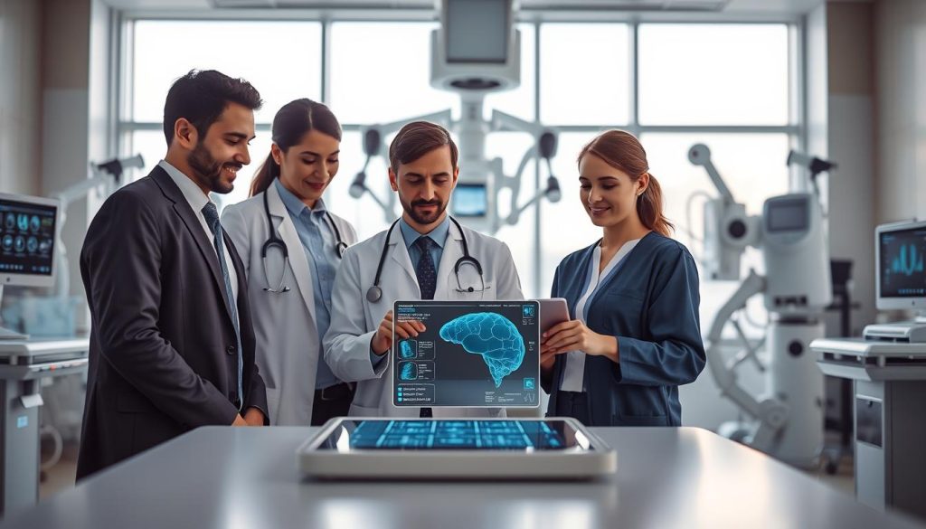 A modern healthcare environment showcasing artificial intelligence in action. In the foreground, a diverse group of healthcare professionals—two doctors and a nurse—are engaged with a state-of-the-art AI diagnostic tool displayed on a digital tablet. They are dressed in professional business attire, emphasizing collaboration and innovation. The middle ground features a high-tech, well-lit hospital room with advanced medical equipment, like robotic arms and AI-powered monitors, illustrating the fusion of technology and patient care. In the background, large windows allow natural light to stream in, creating an uplifting and optimistic atmosphere. The overall mood is one of hope and progress in healthcare, with a focus on improving patient outcomes through technology. The image is composed with a slight depth of field, highlighting the professionals while softly blurring the background.