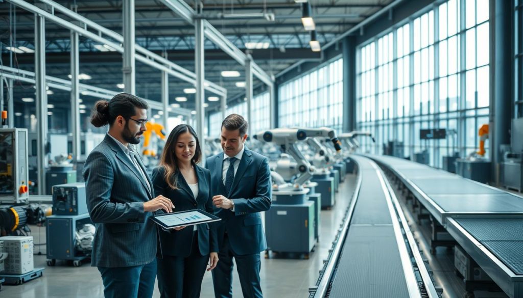 A modern manufacturing facility showcasing industries leveraging automation, featuring advanced robotics assembling products on a sleek assembly line. In the foreground, a diverse team of professionals in business attire discusses data analytics on a tablet, while the middle ground highlights automated machines operating with precision. The background reveals large windows allowing natural light to stream in, illuminating the spacious factory floor. The atmosphere is vibrant and productive, with subtle reflections on polished surfaces. Use a wide-angle lens to capture the scale of the environment, and soft, diffused lighting to enhance the sense of innovation and collaboration. Focus on clean lines and a harmonious color palette of blues and grays, emphasizing the efficiency and sophistication of automation in industry. A modern manufacturing facility showcasing industries leveraging automation, featuring advanced robotics assembling products on a sleek assembly line. In the foreground, a diverse team of professionals in business attire discusses data analytics on a tablet, while the middle ground highlights automated machines operating with precision. The background reveals large windows allowing natural light to stream in, illuminating the spacious factory floor. The atmosphere is vibrant and productive, with subtle reflections on polished surfaces. Use a wide-angle lens to capture the scale of the environment, and soft, diffused lighting to enhance the sense of innovation and collaboration. Focus on clean lines and a harmonious color palette of blues and grays, emphasizing the efficiency and sophistication of automation in industry.
