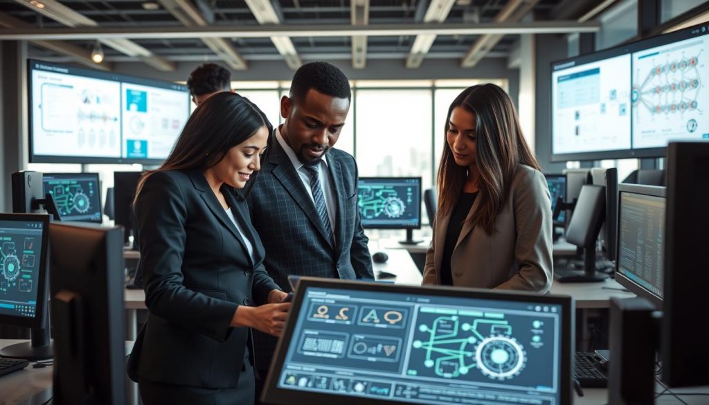 A modern office environment filled with high-tech computers and displays showcasing AI algorithms. In the foreground, a diverse group of three professionals in business attire – a woman of Asian descent, a Black man, and a Hispanic woman – collaborate over a digital tablet, intensely discussing complex decision trees. The middle section features various screens displaying data visualizations, flowcharts, and neural networks, illustrating an expert system's reasoning. In the background, large windows let in natural light, creating a bright and optimistic atmosphere, while a cityscape glimmers outside. The composition captures a sense of innovation and teamwork in AI decision-making. The image should convey a professional, dynamic mood, with sharp focus and vibrant colors, emphasizing the cutting-edge technology of expert systems. A modern office environment filled with high-tech computers and displays showcasing AI algorithms. In the foreground, a diverse group of three professionals in business attire – a woman of Asian descent, a Black man, and a Hispanic woman – collaborate over a digital tablet, intensely discussing complex decision trees. The middle section features various screens displaying data visualizations, flowcharts, and neural networks, illustrating an expert system's reasoning. In the background, large windows let in natural light, creating a bright and optimistic atmosphere, while a cityscape glimmers outside. The composition captures a sense of innovation and teamwork in AI decision-making. The image should convey a professional, dynamic mood, with sharp focus and vibrant colors, emphasizing the cutting-edge technology of expert systems.