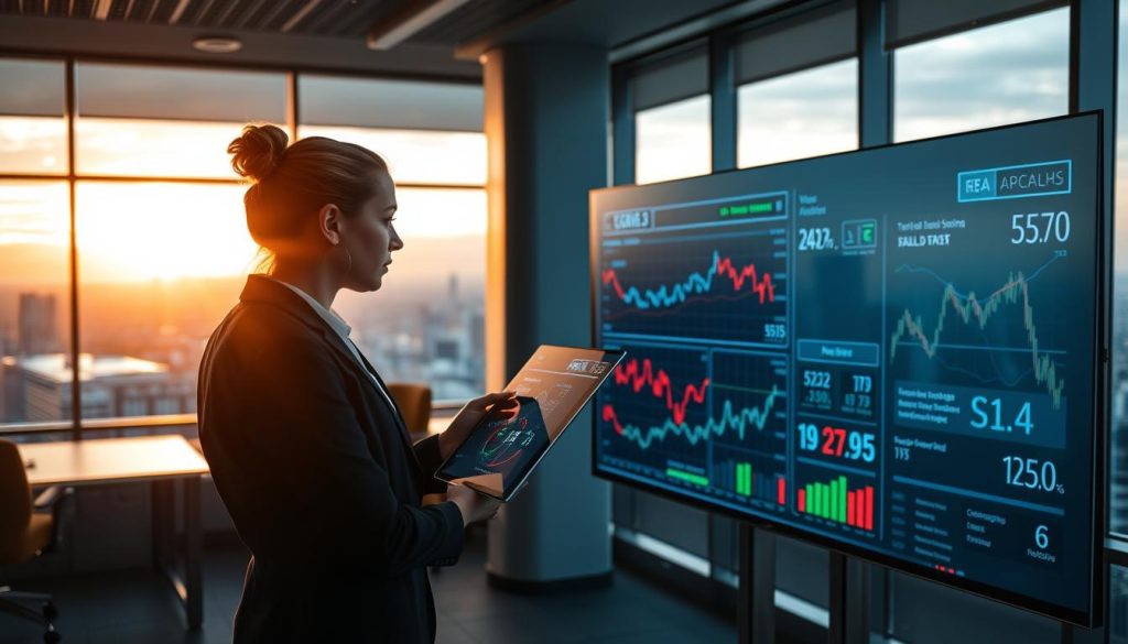 A modern office environment focusing on AI-driven financial analysis. In the foreground, a professional woman in business attire, intently analyzing data on a sleek, transparent touchscreen displaying complex financial charts and graphs. In the middle ground, a large digital display shows real-time stock market trends, with bright colors and glowing indicators representing data points. The background features a panoramic view of a city skyline through a large window, with a sunset casting warm golden light into the room, creating an inviting yet innovative atmosphere. The scene is shot with a shallow depth of field to emphasize the subject while keeping the background slightly blurred, highlighting the advanced technology and professionalism inherent in the world of finance. A modern office environment focusing on AI-driven financial analysis. In the foreground, a professional woman in business attire, intently analyzing data on a sleek, transparent touchscreen displaying complex financial charts and graphs. In the middle ground, a large digital display shows real-time stock market trends, with bright colors and glowing indicators representing data points. The background features a panoramic view of a city skyline through a large window, with a sunset casting warm golden light into the room, creating an inviting yet innovative atmosphere. The scene is shot with a shallow depth of field to emphasize the subject while keeping the background slightly blurred, highlighting the advanced technology and professionalism inherent in the world of finance.