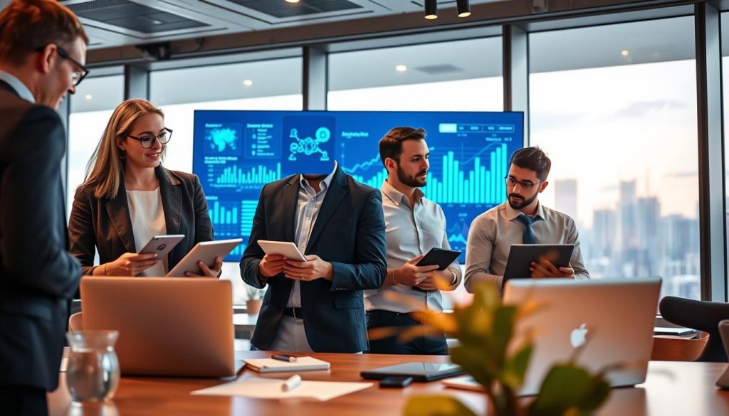 A modern office environment showcasing the synergy between artificial intelligence and marketing. In the foreground, a diverse team of three professionals, a woman in a smart blazer and two men in business casual attire, are engaged in a discussion while analyzing data on sleek laptops and digital tablets. The middle ground features a large screen displaying vibrant AI-generated graphs and analytics, illuminating their faces with a soft blue light. In the background, a futuristic city skyline is visible through large windows, symbolizing the expansive reach of digital marketing. The atmosphere is dynamic and innovative, with warm ambient lighting that creates an inspiring mood. The scene is captured with a slight depth of field to emphasize the teamwork focused on optimizing marketing strategies.