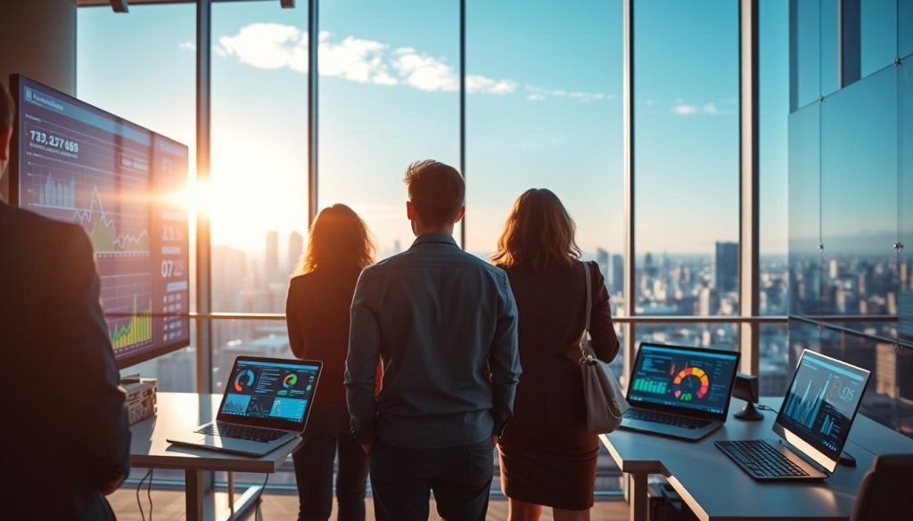 A modern office setting emphasizing real-time AI analytics. In the foreground, a diverse group of three professionals in business attire, focused on large, interactive digital displays showcasing vibrant data visualizations (charts, graphs, and metrics). The middle ground features sleek workstations with laptops, glowing with dynamic data streams and analytical insights. In the background, panoramic windows reveal a city skyline under a bright, clear blue sky, illuminating the space with natural light. The atmosphere is collaborative and innovative, with soft shadows and warm highlights adding depth. The camera angle is slightly elevated, capturing the teamwork and engagement as they enhance decision-making processes through AI technology. A modern office setting emphasizing real-time AI analytics. In the foreground, a diverse group of three professionals in business attire, focused on large, interactive digital displays showcasing vibrant data visualizations (charts, graphs, and metrics). The middle ground features sleek workstations with laptops, glowing with dynamic data streams and analytical insights. In the background, panoramic windows reveal a city skyline under a bright, clear blue sky, illuminating the space with natural light. The atmosphere is collaborative and innovative, with soft shadows and warm highlights adding depth. The camera angle is slightly elevated, capturing the teamwork and engagement as they enhance decision-making processes through AI technology.