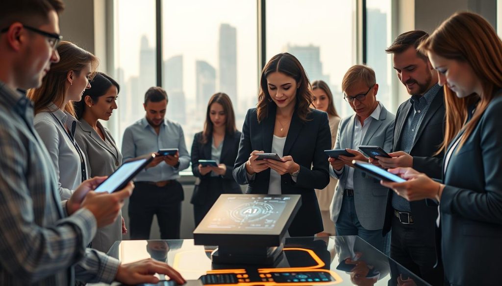 A modern workspace showcasing an AI personalized experience. In the foreground, a diverse group of professionals in smart casual attire engage with sleek devices displaying personalized AI interfaces. In the middle ground, a high-tech desk with holographic screens and a soft glowing light emanates from the devices, creating a warm and innovative atmosphere. The background features a large window with a view of a futuristic cityscape, bathed in natural daylight, symbolizing the integration of AI into everyday life. Capture the scene from a slightly elevated angle to emphasize the interaction and technology. The mood is inspiring and collaborative, reflecting a seamless blend of technology and human creativity. A modern workspace showcasing an AI personalized experience. In the foreground, a diverse group of professionals in smart casual attire engage with sleek devices displaying personalized AI interfaces. In the middle ground, a high-tech desk with holographic screens and a soft glowing light emanates from the devices, creating a warm and innovative atmosphere. The background features a large window with a view of a futuristic cityscape, bathed in natural daylight, symbolizing the integration of AI into everyday life. Capture the scene from a slightly elevated angle to emphasize the interaction and technology. The mood is inspiring and collaborative, reflecting a seamless blend of technology and human creativity.