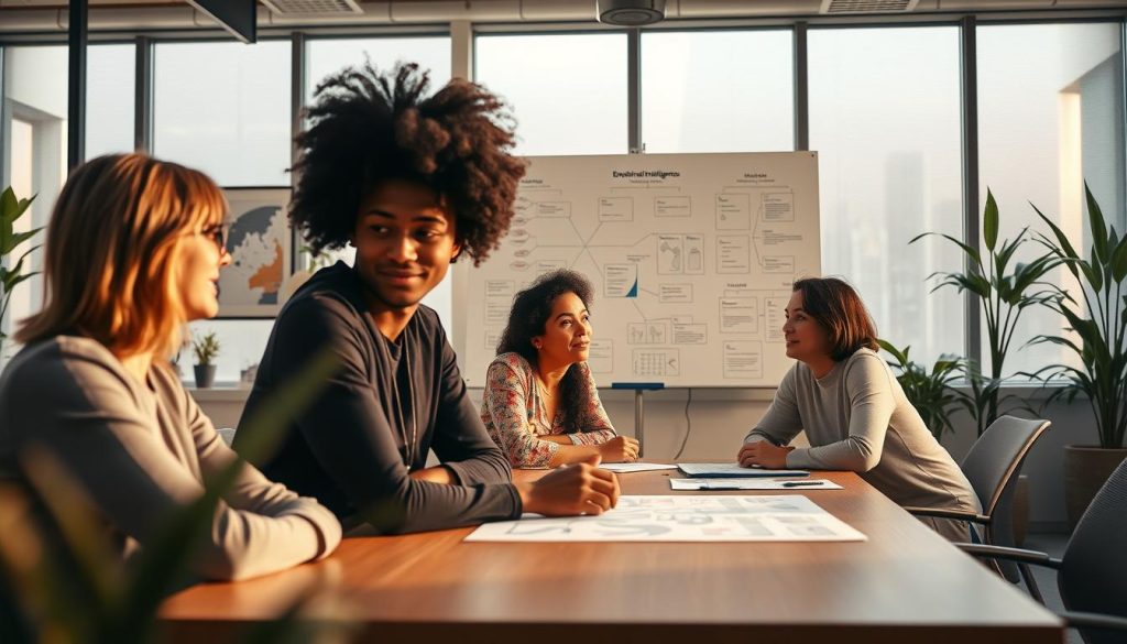 A serene office environment symbolizes emotional intelligence, featuring a diverse group of three professionals engaged in a deep discussion around a conference table. In the foreground, close-up on their faces, showing expressions of empathy and understanding, with warm lighting that softens the scene. The middle of the image highlights a large whiteboard displaying mind maps and emotional intelligence frameworks. In the background, large windows let in soft, natural light, creating a calm atmosphere. The setting reflects a collaborative workspace, with plants and art that promote positive emotions. The lens captures a slightly elevated angle, emphasizing connection and collaboration. The overall mood is warm and inviting, conveying the essence of interpersonal intelligence and emotional connection in a professional setting. A serene office environment symbolizes emotional intelligence, featuring a diverse group of three professionals engaged in a deep discussion around a conference table. In the foreground, close-up on their faces, showing expressions of empathy and understanding, with warm lighting that softens the scene. The middle of the image highlights a large whiteboard displaying mind maps and emotional intelligence frameworks. In the background, large windows let in soft, natural light, creating a calm atmosphere. The setting reflects a collaborative workspace, with plants and art that promote positive emotions. The lens captures a slightly elevated angle, emphasizing connection and collaboration. The overall mood is warm and inviting, conveying the essence of interpersonal intelligence and emotional connection in a professional setting.