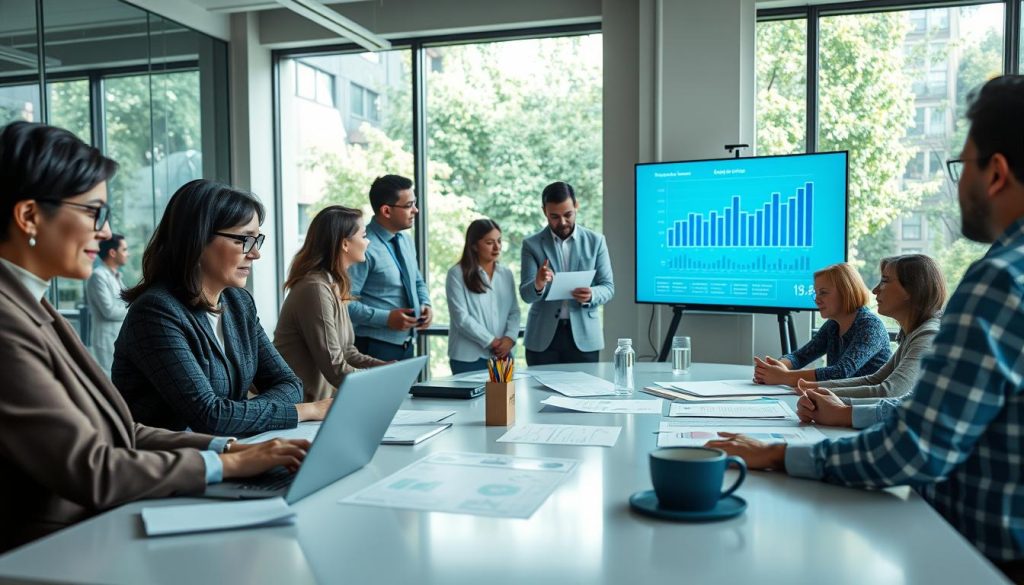 A serene office setting representing "Ethical AI Development", showcasing a diverse group of professionals engaged in collaborative discussions around a large table. Foreground: a middle-aged woman in business attire analyzing data on her laptop, and a young man pointing at a visual chart displayed on a screen. Middle: a mix of people of various ethnicities and genders exchanging ideas, with charts and notes scattered around them. Background: large windows allowing soft, natural light to illuminate the room, greenery visible outside. The atmosphere should be one of innovation and cooperation, reflecting optimism about the future of technology. The scene is shot from a slightly elevated angle to capture the group's dynamic interaction, with a focus on warmth and inclusivity. A serene office setting representing "Ethical AI Development", showcasing a diverse group of professionals engaged in collaborative discussions around a large table. Foreground: a middle-aged woman in business attire analyzing data on her laptop, and a young man pointing at a visual chart displayed on a screen. Middle: a mix of people of various ethnicities and genders exchanging ideas, with charts and notes scattered around them. Background: large windows allowing soft, natural light to illuminate the room, greenery visible outside. The atmosphere should be one of innovation and cooperation, reflecting optimism about the future of technology. The scene is shot from a slightly elevated angle to capture the group's dynamic interaction, with a focus on warmth and inclusivity.