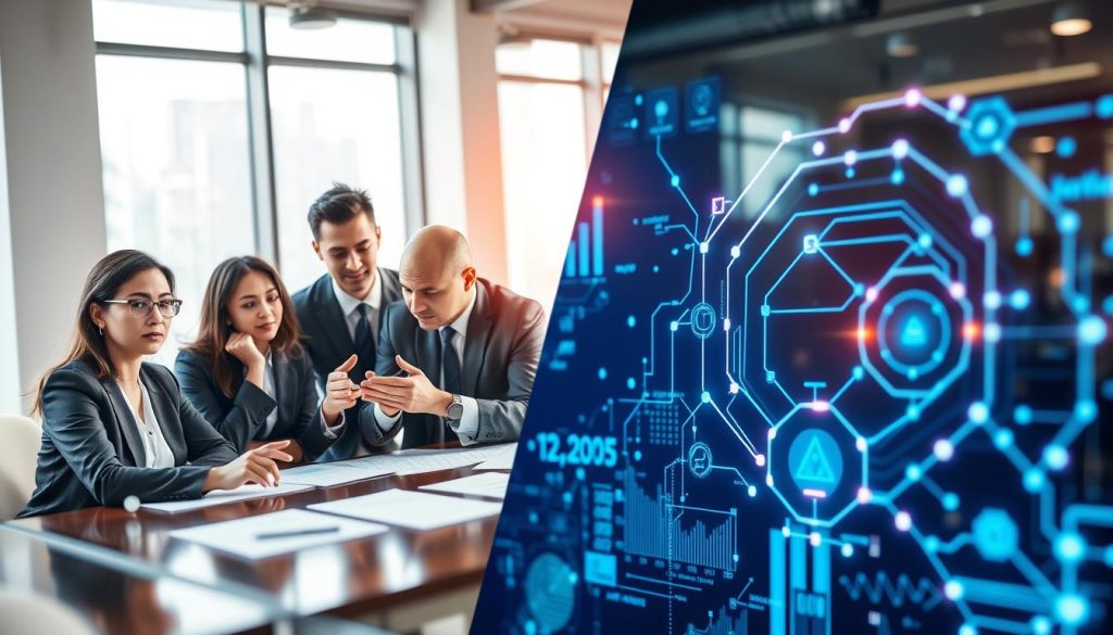 A split-screen image illustrating "AI decision-making vs human decision-making". In the foreground, on the left, feature a diverse group of professionals in smart business attire, thoughtfully analyzing data and charts at a conference table, their expressions reflecting concentration and collaboration. On the right, showcase a sleek, futuristic AI interface with digital elements like graphs and algorithms, exhibiting a glowing, luminous quality. The middle ground seamlessly blends human activity with the AI interface, highlighting the interaction between them. In the background, depict an office environment with large windows allowing natural light to spill in, creating a bright and focused atmosphere. Use a medium shot with a slight depth of field, emphasizing both sides equally, and conveying a mood of innovation, collaboration, and analytical thought. A split-screen image illustrating "AI decision-making vs human decision-making". In the foreground, on the left, feature a diverse group of professionals in smart business attire, thoughtfully analyzing data and charts at a conference table, their expressions reflecting concentration and collaboration. On the right, showcase a sleek, futuristic AI interface with digital elements like graphs and algorithms, exhibiting a glowing, luminous quality. The middle ground seamlessly blends human activity with the AI interface, highlighting the interaction between them. In the background, depict an office environment with large windows allowing natural light to spill in, creating a bright and focused atmosphere. Use a medium shot with a slight depth of field, emphasizing both sides equally, and conveying a mood of innovation, collaboration, and analytical thought.