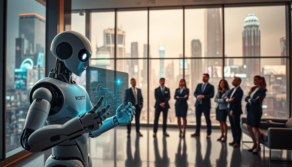 A surreal depiction of "Contextual Awareness in AI," featuring a humanoid robot with glowing eyes situated in a sophisticated office environment. In the foreground, the robot holds a transparent screen displaying complex data visualizations. In the middle ground, a diverse group of business professionals in professional attire observe and discuss, looking intrigued yet contemplative. The background showcases a futuristic cityscape through large windows, filled with digital billboards and AI elements, symbolizing the integration of technology in everyday life. Soft, warm lighting enhances the atmosphere, creating a blend of curiosity and caution. The lens perspective emphasizes the robot, while capturing the human interaction, conveying the tension between AI’s capabilities and human intuition. A surreal depiction of "Contextual Awareness in AI," featuring a humanoid robot with glowing eyes situated in a sophisticated office environment. In the foreground, the robot holds a transparent screen displaying complex data visualizations. In the middle ground, a diverse group of business professionals in professional attire observe and discuss, looking intrigued yet contemplative. The background showcases a futuristic cityscape through large windows, filled with digital billboards and AI elements, symbolizing the integration of technology in everyday life. Soft, warm lighting enhances the atmosphere, creating a blend of curiosity and caution. The lens perspective emphasizes the robot, while capturing the human interaction, conveying the tension between AI’s capabilities and human intuition.