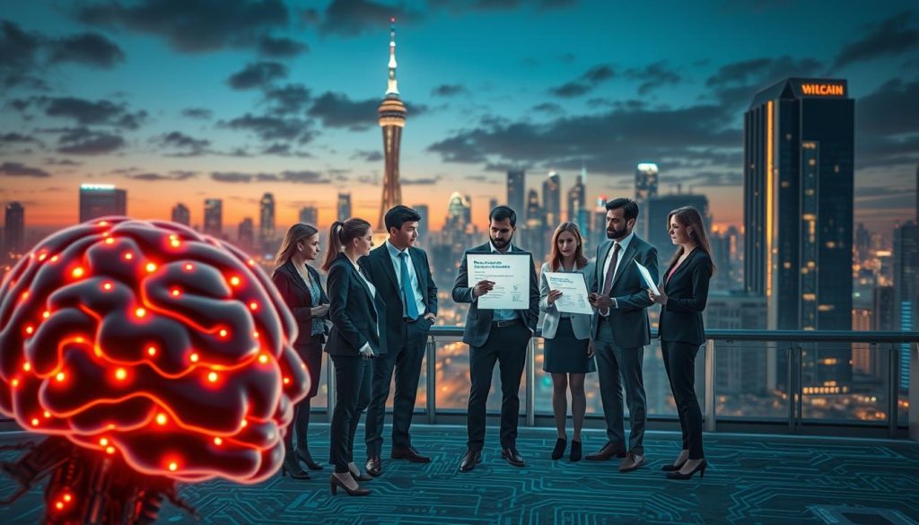A thought-provoking illustration of "AI ethics implications," featuring a futuristic, sleek AI brain at the foreground, surrounded by glowing circuits and binary code. In the middle, a diverse group of professionals in business attire—various genders and ethnicities—engaging in a solemn discussion, analyzing digital screens that display ethical dilemmas like bias and privacy concerns. The background presents a high-tech cityscape at dusk, illuminated by soft, ambient lighting that emphasizes the contrast between technology and human values. The atmosphere conveys a sense of urgency and contemplation, with a slightly hazy lens effect to evoke an introspective mood. Soft shadows play across the scene to enhance depth, ensuring a cohesive focus on the intersection of technology and ethics. A thought-provoking illustration of "AI ethics implications," featuring a futuristic, sleek AI brain at the foreground, surrounded by glowing circuits and binary code. In the middle, a diverse group of professionals in business attire—various genders and ethnicities—engaging in a solemn discussion, analyzing digital screens that display ethical dilemmas like bias and privacy concerns. The background presents a high-tech cityscape at dusk, illuminated by soft, ambient lighting that emphasizes the contrast between technology and human values. The atmosphere conveys a sense of urgency and contemplation, with a slightly hazy lens effect to evoke an introspective mood. Soft shadows play across the scene to enhance depth, ensuring a cohesive focus on the intersection of technology and ethics.