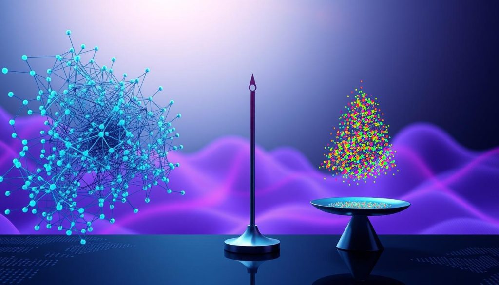 A two-part visualization of deep learning models illustrating overfitting and underfitting. In the foreground, a large, intricate neural network graph, pulsating with vivid colors like blue and green, showcasing complex layers and interconnected nodes, signifying a well-calibrated model. The middle ground features a balance scale with one side overflowing with colorful data points, representing overfitting, while the other holds a sparse, simplistic representation of underfitting. In the background, a stylized, abstract data landscape with gentle gradients of purple and pink suggests a flowing stream of information. The lighting should be soft and ethereal, creating a futuristic atmosphere, captured from a slightly elevated angle to enhance depth, evoking a sense of intrigue and advancement in AI learning from data. A two-part visualization of deep learning models illustrating overfitting and underfitting. In the foreground, a large, intricate neural network graph, pulsating with vivid colors like blue and green, showcasing complex layers and interconnected nodes, signifying a well-calibrated model. The middle ground features a balance scale with one side overflowing with colorful data points, representing overfitting, while the other holds a sparse, simplistic representation of underfitting. In the background, a stylized, abstract data landscape with gentle gradients of purple and pink suggests a flowing stream of information. The lighting should be soft and ethereal, creating a futuristic atmosphere, captured from a slightly elevated angle to enhance depth, evoking a sense of intrigue and advancement in AI learning from data.