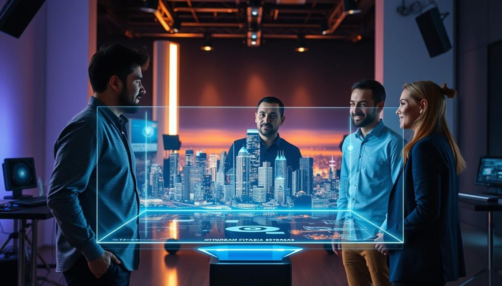 A vibrant scene showcasing the intersection of generative AI and entertainment. In the foreground, a diverse group of three professionals, dressed in smart casual attire, are engaged in animated discussion around a sleek, futuristic holographic display that showcases AI-generated characters and scenes from various media, such as film and video games. The middle layer features a digital projection of a city skyline reflecting a blend of reality and animated elements, symbolizing the fusion of technology and creativity. In the background, a modern studio with high-tech equipment subtly fades into a darkened space illuminated by soft, ambient lighting, enhancing the innovative atmosphere. The overall mood feels inspiring and forward-thinking, capturing the essence of generative AI's impact on the entertainment industry. A vibrant scene showcasing the intersection of generative AI and entertainment. In the foreground, a diverse group of three professionals, dressed in smart casual attire, are engaged in animated discussion around a sleek, futuristic holographic display that showcases AI-generated characters and scenes from various media, such as film and video games. The middle layer features a digital projection of a city skyline reflecting a blend of reality and animated elements, symbolizing the fusion of technology and creativity. In the background, a modern studio with high-tech equipment subtly fades into a darkened space illuminated by soft, ambient lighting, enhancing the innovative atmosphere. The overall mood feels inspiring and forward-thinking, capturing the essence of generative AI's impact on the entertainment industry.