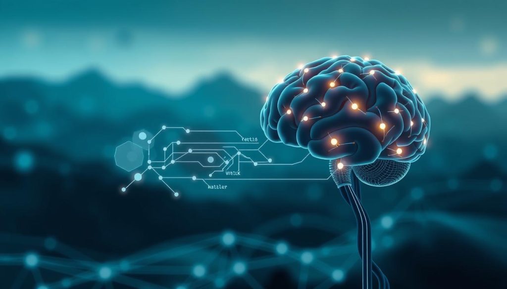 A visually engaging illustration contrasting artificial intelligence (AI) and machine learning (ML). In the foreground, depict a sleek, futuristic AI brain composed of interconnected circuits and glowing nodes, symbolizing the complex structure of AI. In the middle, include a series of data streams flowing between the AI brain and simpler machine learning models, represented as abstract geometric shapes or algorithms, highlighting the relationship between the two concepts. In the background, a digital landscape with a soft gradient lighting effect to evoke a high-tech atmosphere, blending cool blues and greens. The image should have a depth of field, focusing sharply on the AI brain while gently blurring the background, creating a sense of innovation and progress. A visually engaging illustration contrasting artificial intelligence (AI) and machine learning (ML). In the foreground, depict a sleek, futuristic AI brain composed of interconnected circuits and glowing nodes, symbolizing the complex structure of AI. In the middle, include a series of data streams flowing between the AI brain and simpler machine learning models, represented as abstract geometric shapes or algorithms, highlighting the relationship between the two concepts. In the background, a digital landscape with a soft gradient lighting effect to evoke a high-tech atmosphere, blending cool blues and greens. The image should have a depth of field, focusing sharply on the AI brain while gently blurring the background, creating a sense of innovation and progress.