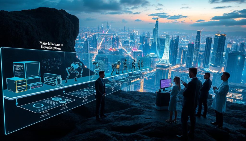 A visually engaging illustration of "Major Milestones in AI Development," featuring an organized timeline stretching through a futuristic landscape. In the foreground, key inventions and breakthroughs are depicted as holographic displays of iconic computers and robots, like the Turing Machine, Deep Blue, and modern neural networks, showcasing their evolution. The middle ground includes researchers and engineers in professional attire, deeply engaged in discussions, surrounded by screens with complex algorithms and data visualizations. The background features a bustling city skyline with AI-integrated technology, illuminated by vibrant lighting, creating a sense of innovation and progress. The atmosphere is inspirational, mixing a touch of nostalgia with forward-looking ambition, inviting viewers to reflect on the transformative journey of AI development. The scene is captured with a wide-angle lens to emphasize depth and dynamism. A visually engaging illustration of "Major Milestones in AI Development," featuring an organized timeline stretching through a futuristic landscape. In the foreground, key inventions and breakthroughs are depicted as holographic displays of iconic computers and robots, like the Turing Machine, Deep Blue, and modern neural networks, showcasing their evolution. The middle ground includes researchers and engineers in professional attire, deeply engaged in discussions, surrounded by screens with complex algorithms and data visualizations. The background features a bustling city skyline with AI-integrated technology, illuminated by vibrant lighting, creating a sense of innovation and progress. The atmosphere is inspirational, mixing a touch of nostalgia with forward-looking ambition, inviting viewers to reflect on the transformative journey of AI development. The scene is captured with a wide-angle lens to emphasize depth and dynamism.